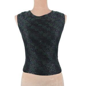 Vintage Scala Glittering Beaded Sleeveless Top Black Green 100% Silk Small